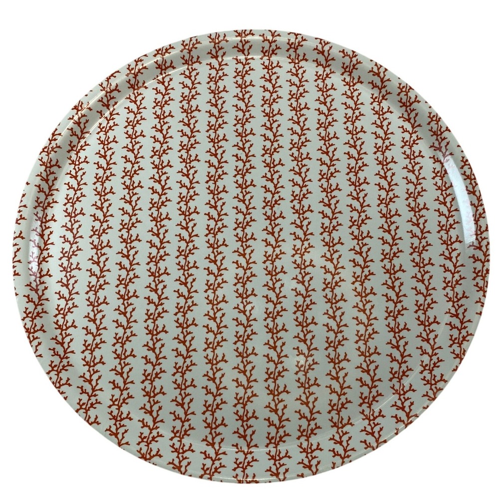 Serena & Lily Round Coral Serving Tray Orange White Birch Wood Sweden 18.5"